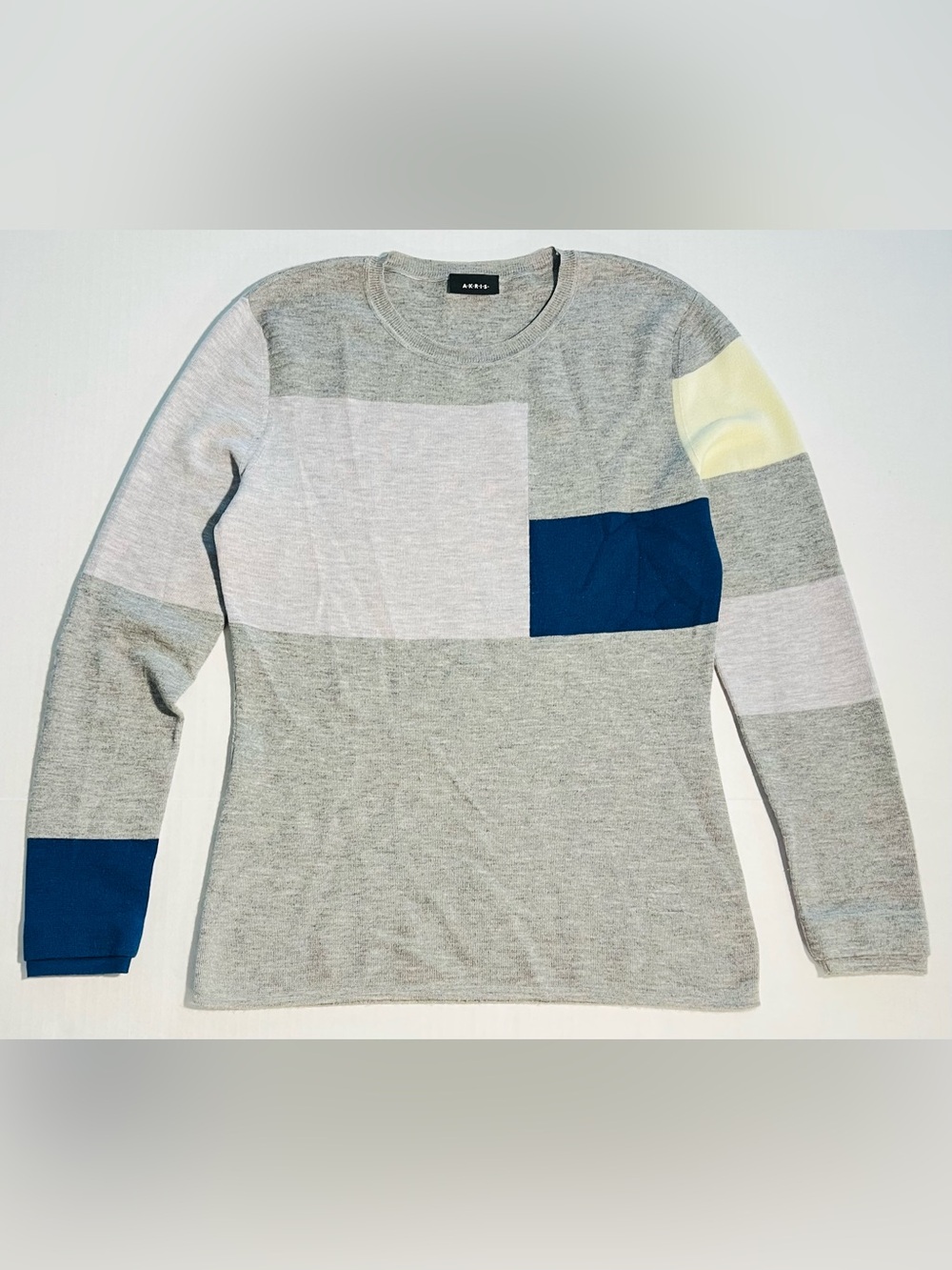 AKRIS Cashmere Silk Colorblock Sweater Gray Blue Geometric Crewneck Top US 8 M